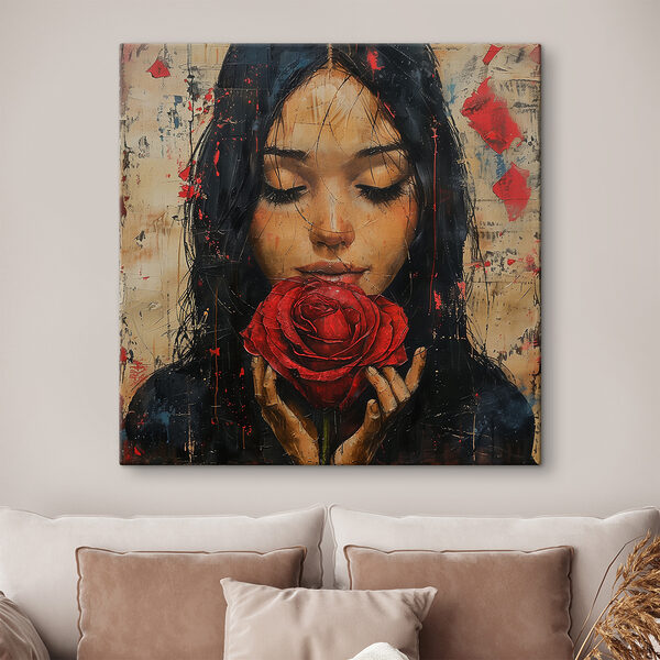 Gemälde einer Frau, die eine rote Rose hält Gemälde einer Frau, die eine rote Rose hält