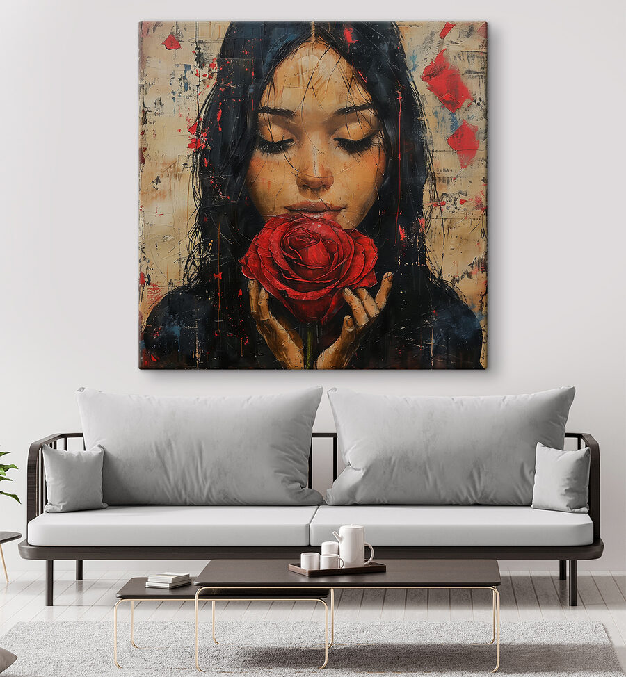 Gemälde einer Frau, die eine rote Rose hält
