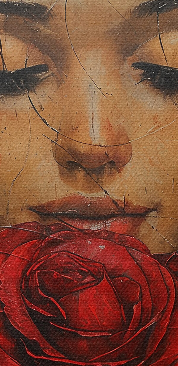 Gemälde einer Frau, die eine rote Rose hält Gemälde einer Frau, die eine rote Rose hält