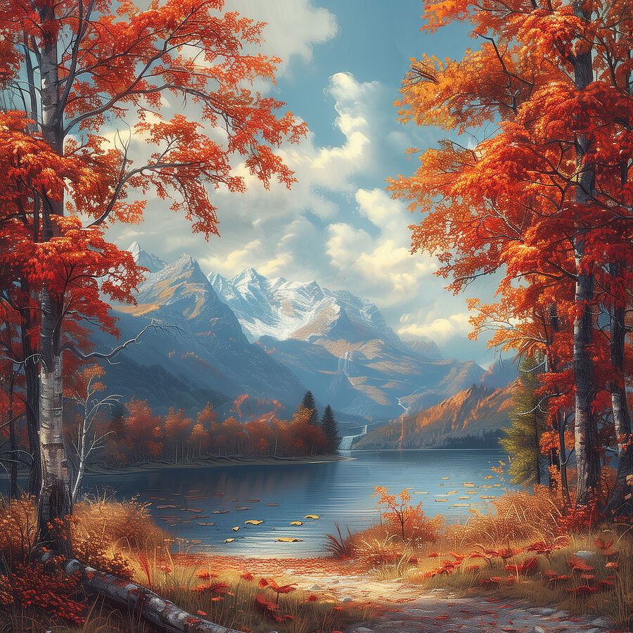 See mit orangefarbenen Blättern und Bergen im Hintergrund