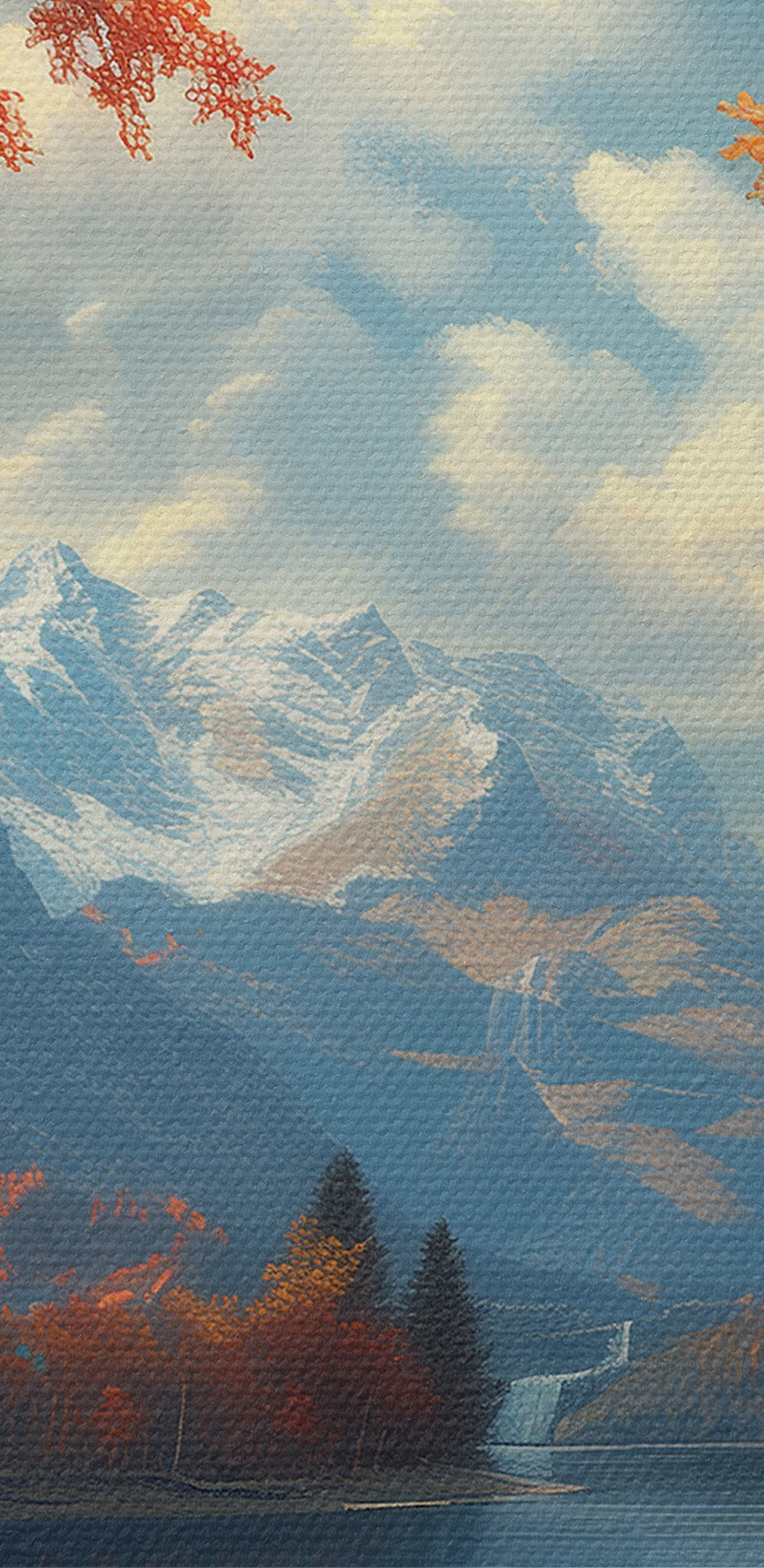 See mit orangefarbenen Blättern und Bergen im Hintergrund