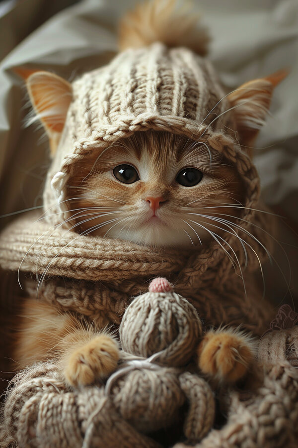 Katze mit gestrickter Mütze und Schal Katze mit gestrickter Mütze und Schal