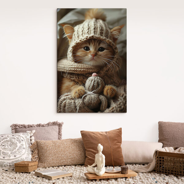 Katze mit gestrickter Mütze und Schal Katze mit gestrickter Mütze und Schal