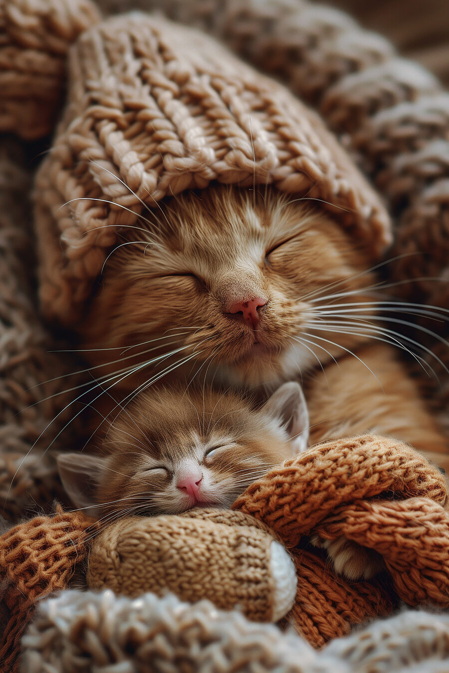 Katze und Kätzchen mit gestrickten Mützen