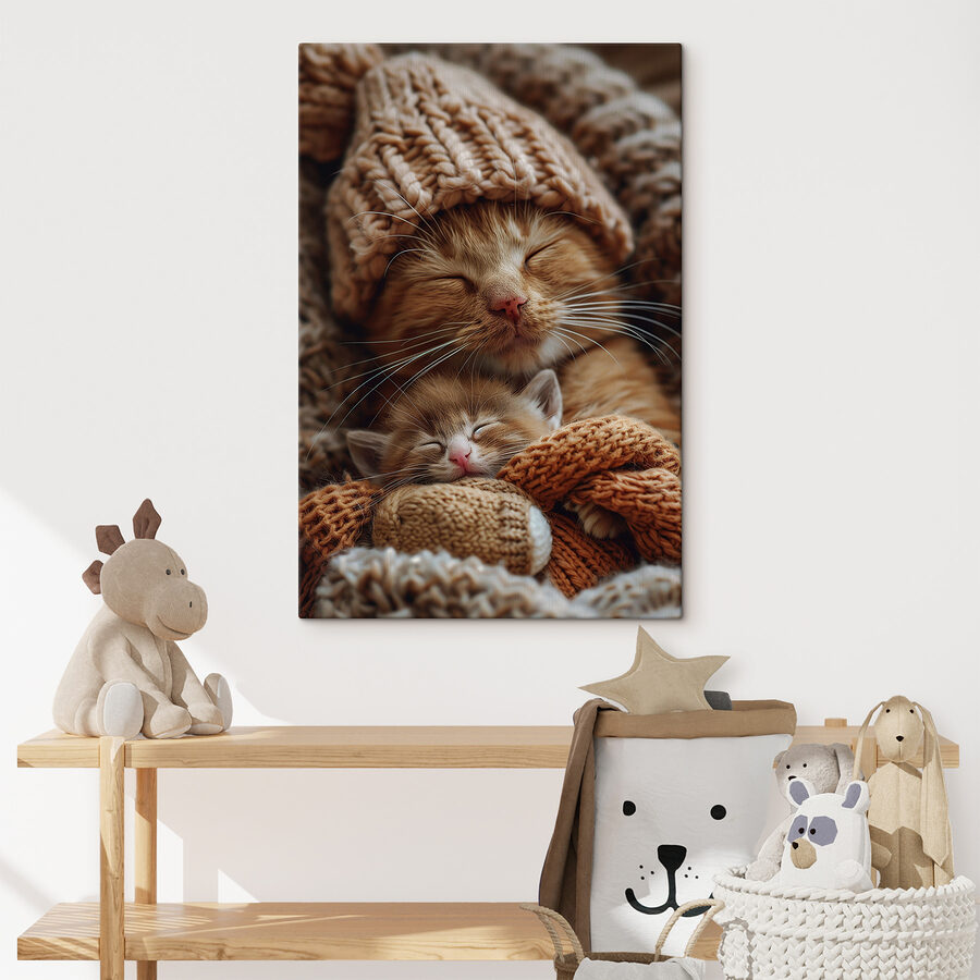 Katze und Kätzchen mit gestrickten Mützen
