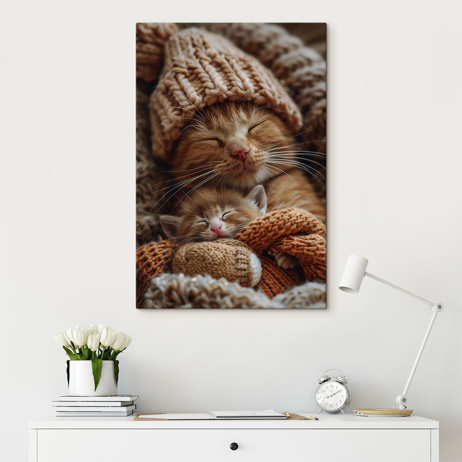 Katze und Kätzchen mit gestrickten Mützen