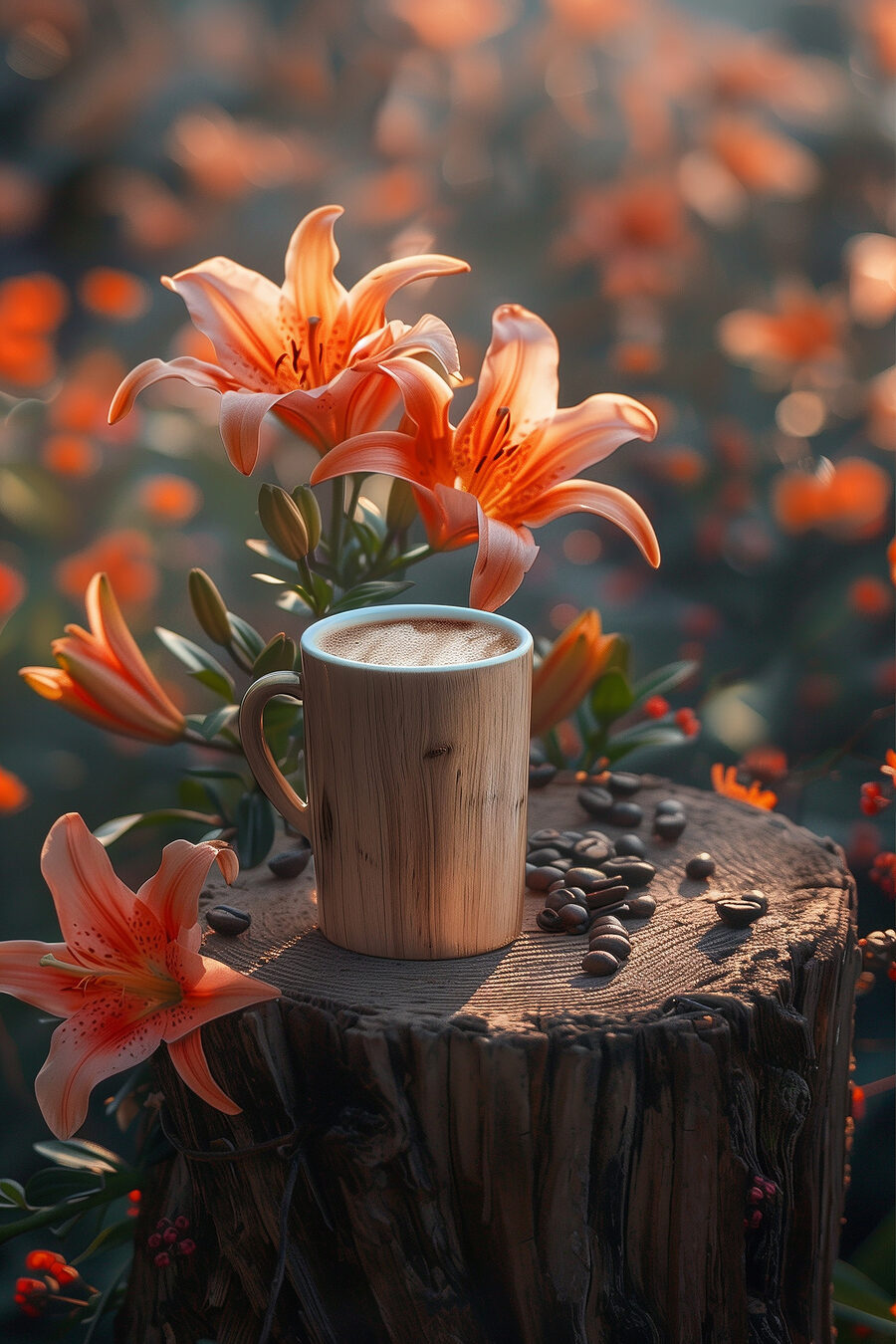 Tasse Kaffee auf einem Baumstumpf mit orangefarbenen Blumen Tasse Kaffee auf einem Baumstumpf mit orangefarbenen Blumen
