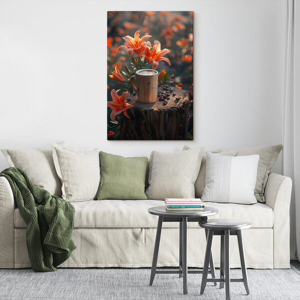 Tasse Kaffee auf einem Baumstumpf mit orangefarbenen Blumen Tasse Kaffee auf einem Baumstumpf mit orangefarbenen Blumen