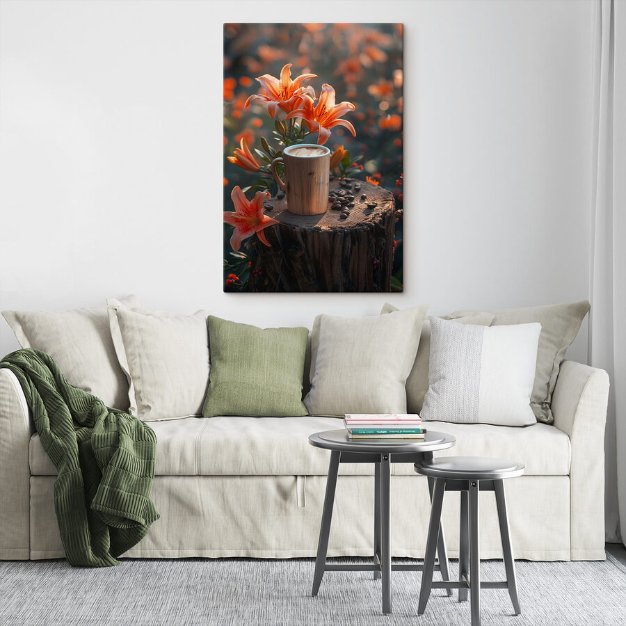 Tasse Kaffee auf einem Baumstumpf mit orangefarbenen Blumen Tasse Kaffee auf einem Baumstumpf mit orangefarbenen Blumen