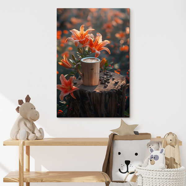 Tasse Kaffee auf einem Baumstumpf mit orangefarbenen Blumen Tasse Kaffee auf einem Baumstumpf mit orangefarbenen Blumen