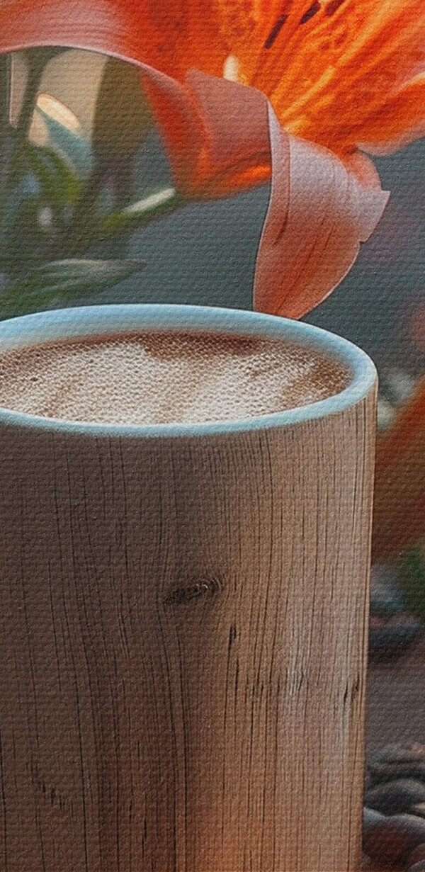 Tasse Kaffee auf einem Baumstumpf mit orangefarbenen Blumen Tasse Kaffee auf einem Baumstumpf mit orangefarbenen Blumen