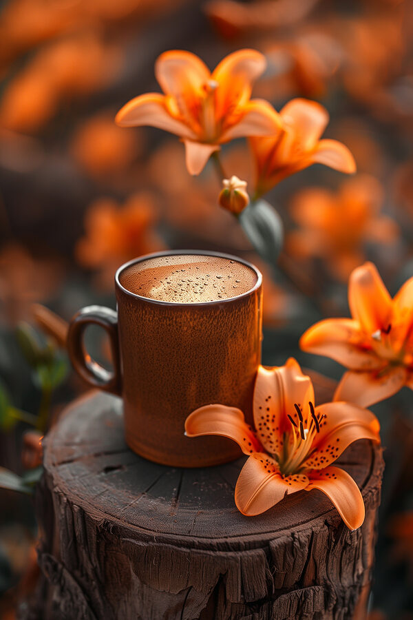 Kaffeetasse und orangefarbene Blumen Kaffeetasse und orangefarbene Blumen
