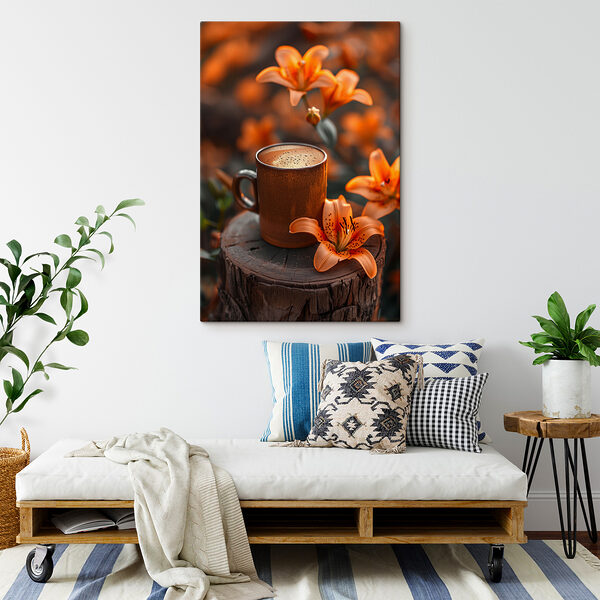 Kaffeetasse und orangefarbene Blumen Kaffeetasse und orangefarbene Blumen