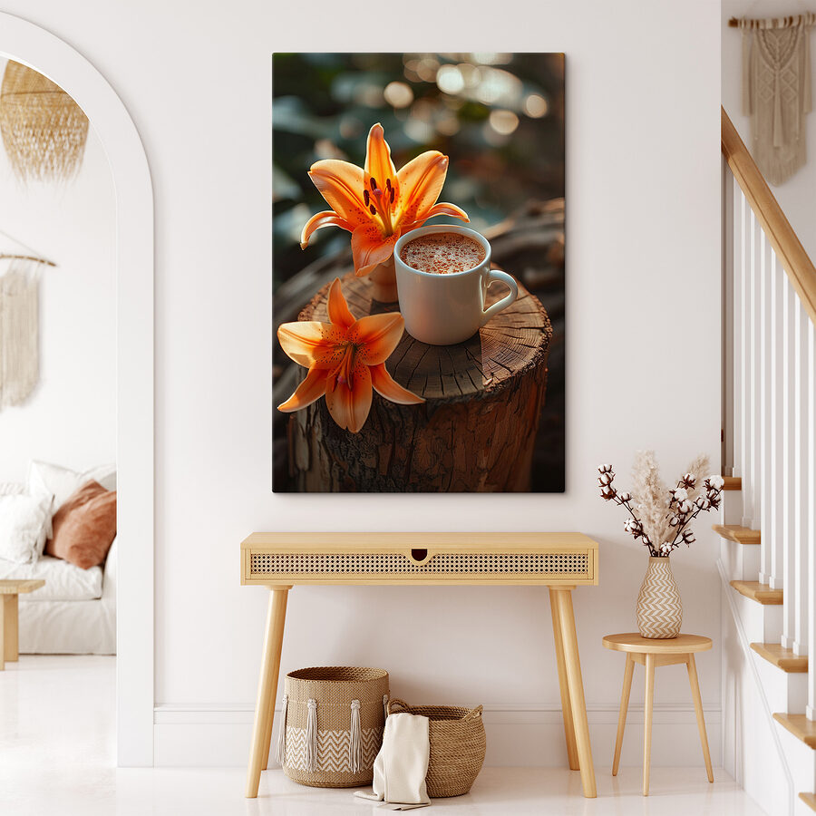 Tasse Kaffee und Orangenblüten