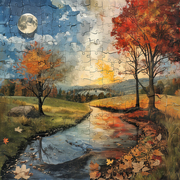 Puzzle eines Flusses mit Bäumen und einem Mond Puzzle eines Flusses mit Bäumen und einem Mond