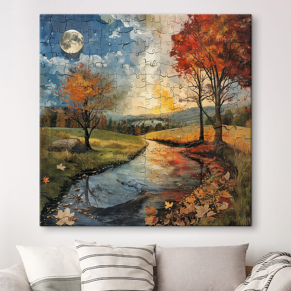 Puzzle eines Flusses mit Bäumen und einem Mond Puzzle eines Flusses mit Bäumen und einem Mond