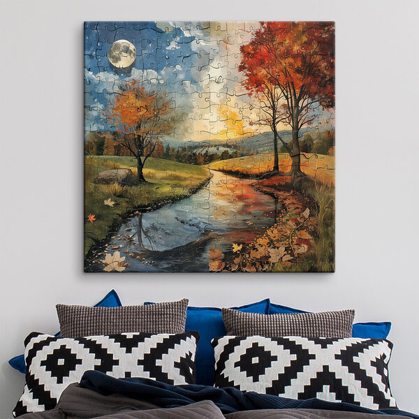Puzzle eines Flusses mit Bäumen und einem Mond Puzzle eines Flusses mit Bäumen und einem Mond