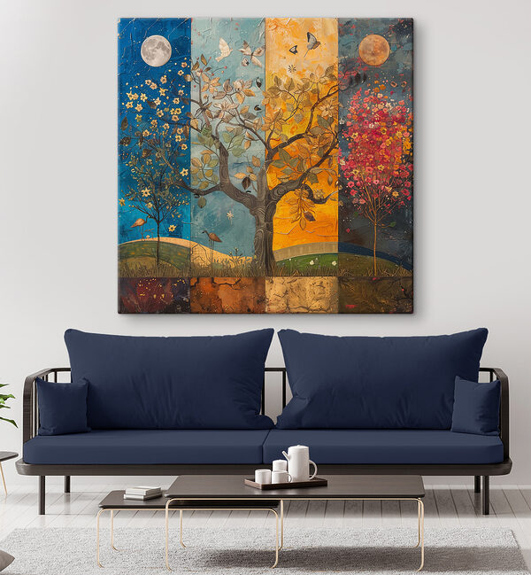 Gemälde eines Baumes mit verschiedenen Farben von Bäumen und Vögeln Wandbilder Gemälde eines Baumes mit verschiedenen Farben von Bäumen und Vögeln