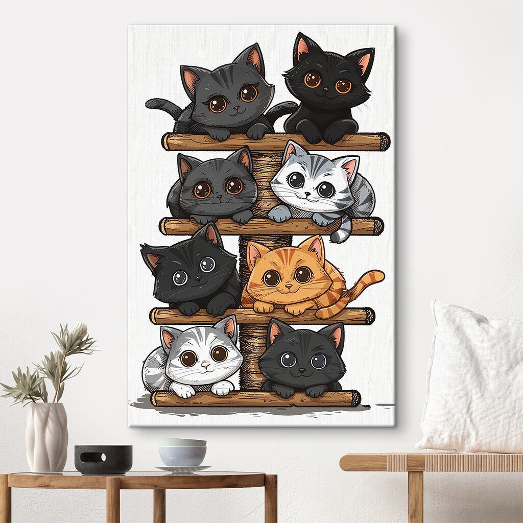Group of cats on a wooden structure