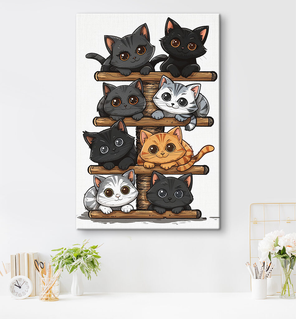 Group of cats on a wooden structure