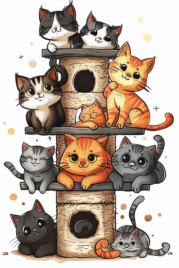 Gruppe von Katzen auf einem Turm Gruppe von Katzen auf einem Turm