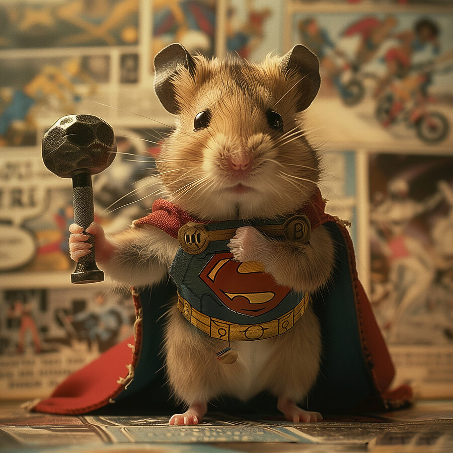 Hamster mit einem Umhang und einem Hammer in der Hand Hamster mit einem Umhang und einem Hammer in der Hand