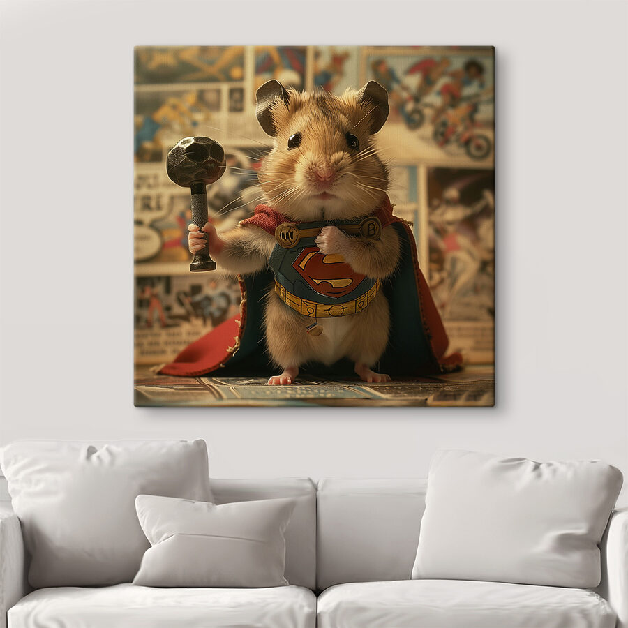 Hamster mit einem Umhang und einem Hammer in der Hand Hamster mit einem Umhang und einem Hammer in der Hand