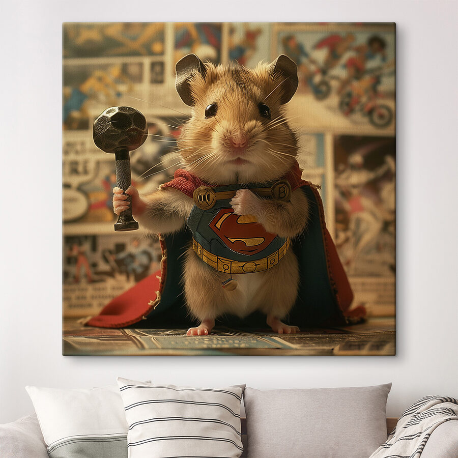 Hamster mit einem Umhang und einem Hammer in der Hand Hamster mit einem Umhang und einem Hammer in der Hand