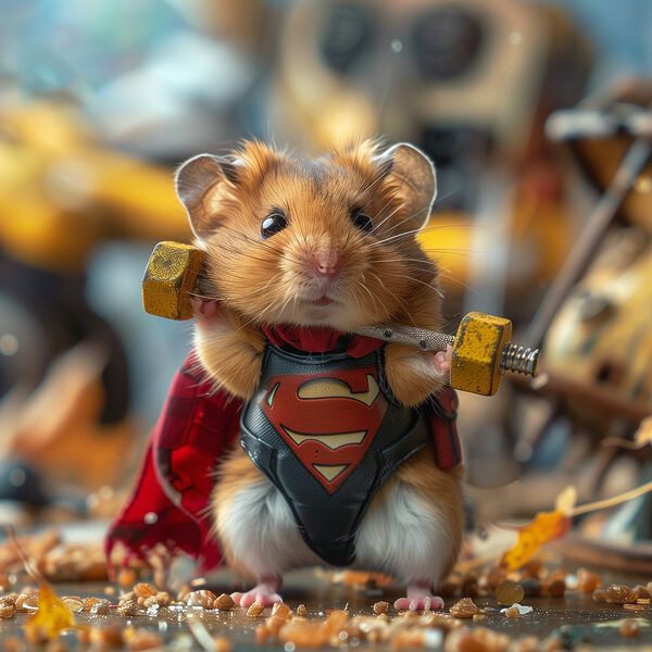 Hamster im Superhelden-Kostüm mit Hantelstange Hamster im Superhelden-Kostüm mit Hantelstange