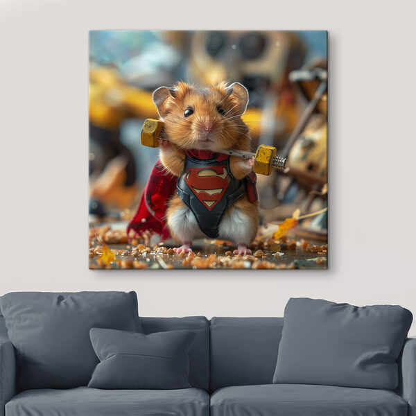 Hamster im Superhelden-Kostüm mit Hantelstange Hamster im Superhelden-Kostüm mit Hantelstange