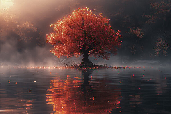 Baum mit orangefarbenen Blättern in einem See Baum mit orangefarbenen Blättern in einem See