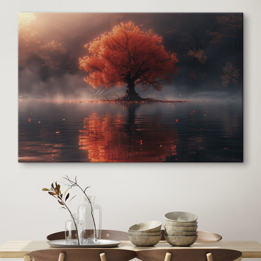 Wandbilder Baum mit orangefarbenen Blättern in einem See