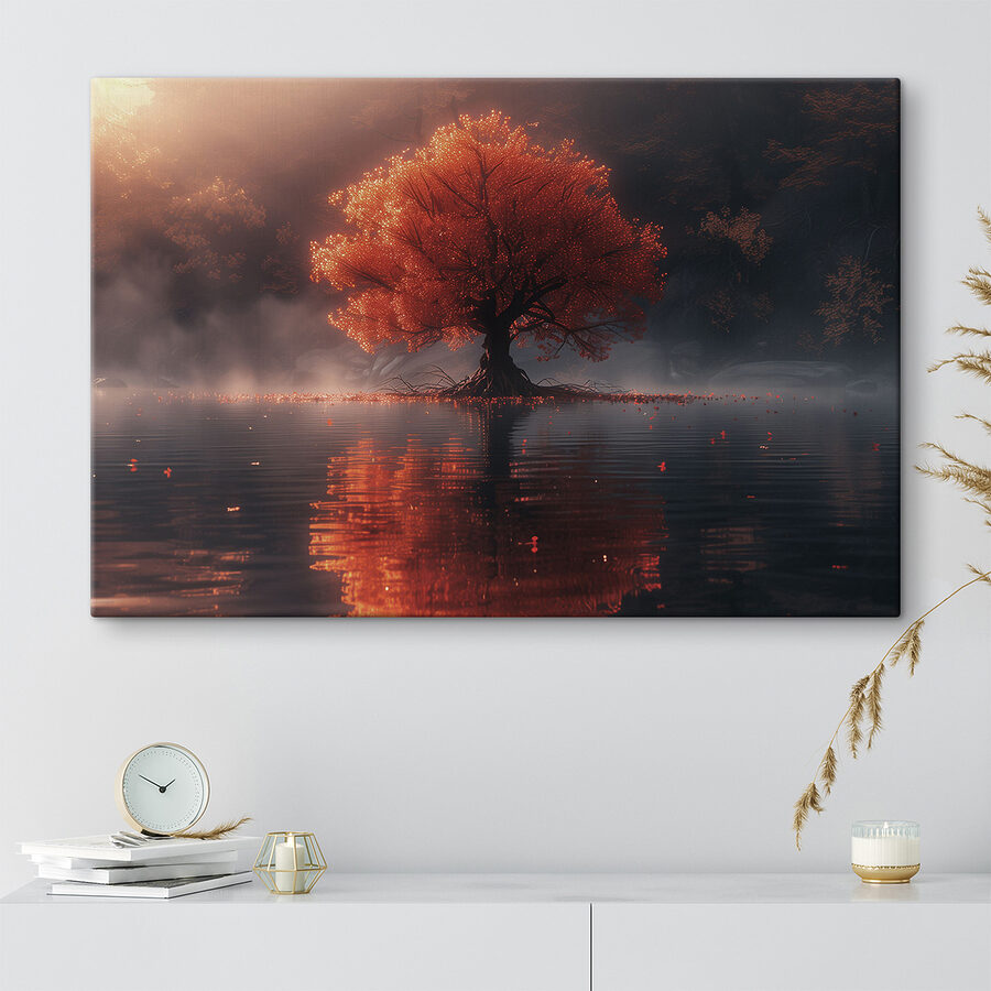 Wandbilder Baum mit orangefarbenen Blättern in einem See – Bild 2