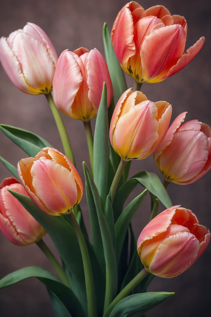 Gruppe von rosa und gelben Tulpen