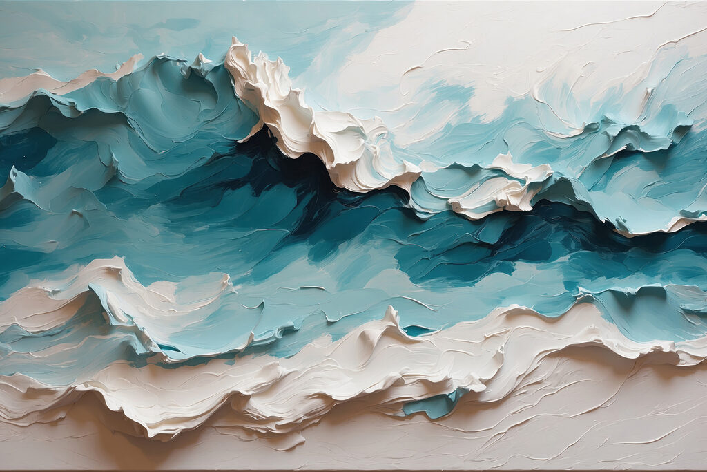 Painting of a mountain with white and blue waves Painting of a mountain with white and blue waves