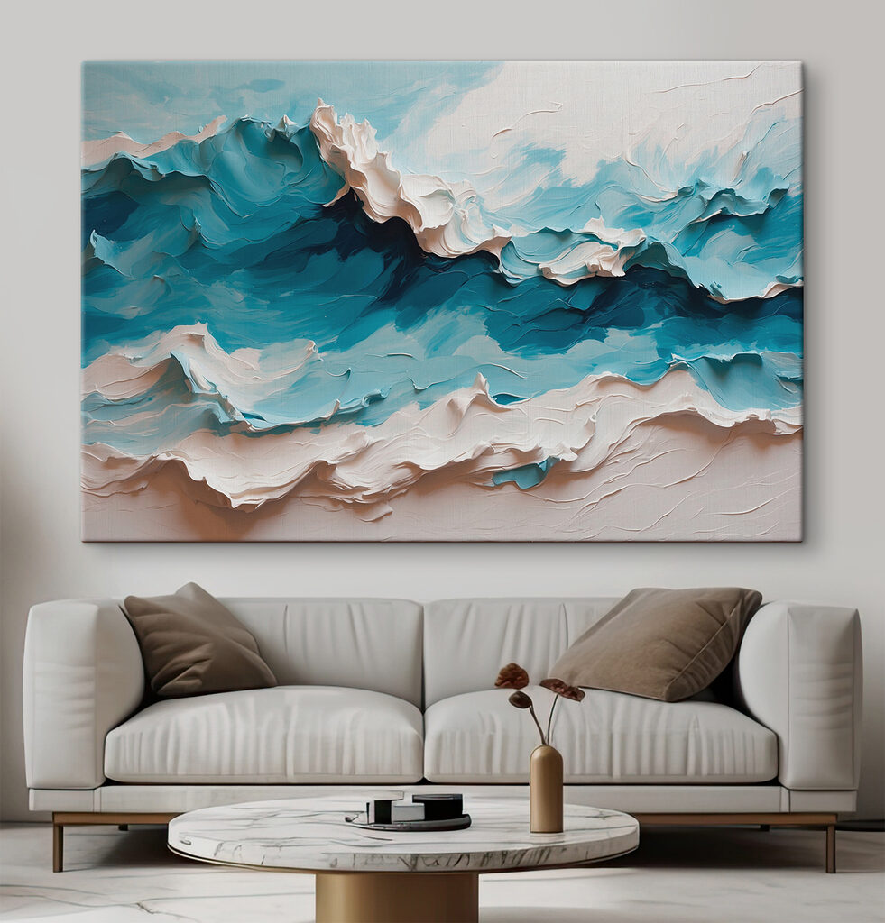 Painting of a mountain with white and blue waves Painting of a mountain with white and blue waves