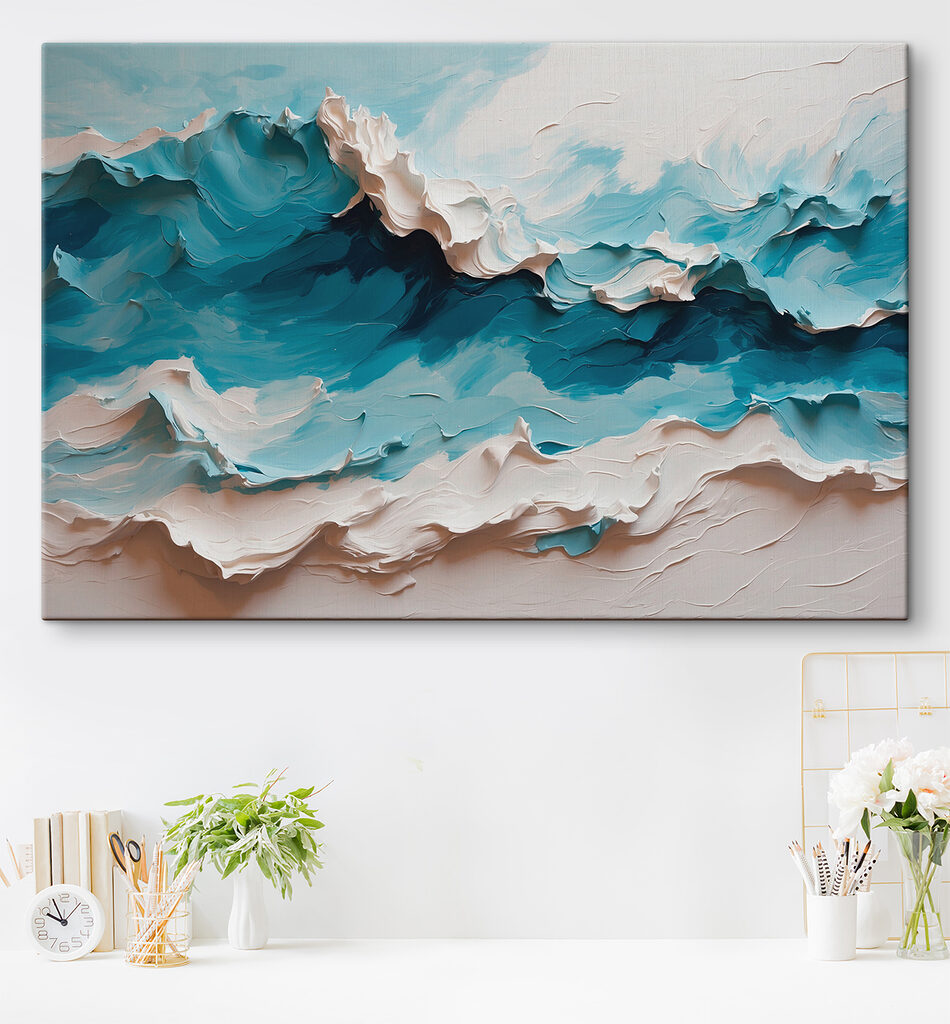 Painting of a mountain with white and blue waves Painting of a mountain with white and blue waves