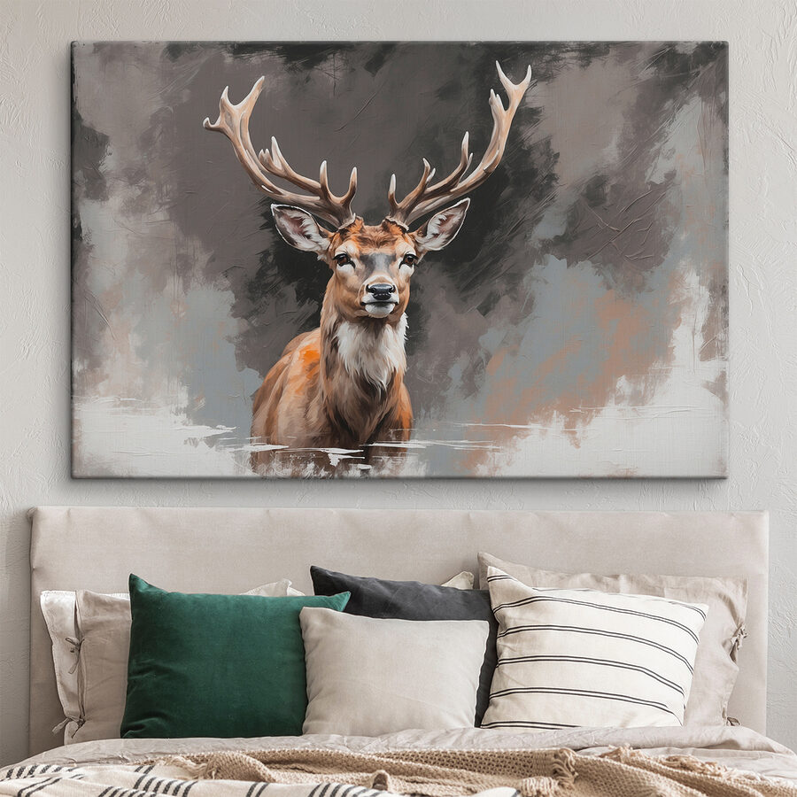 Hirsch mit Geweih schaut in die Kamera