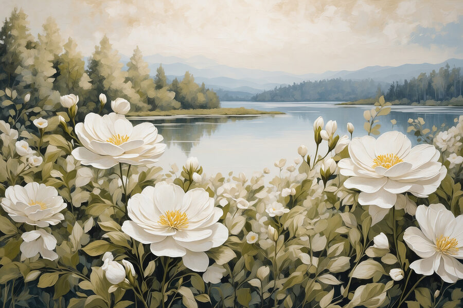 Gemälde von Blumen an einem See