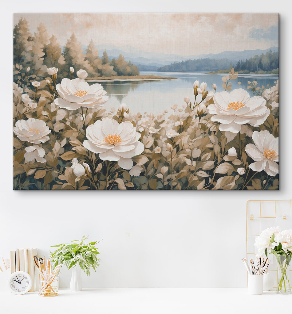 Painting of flowers by a lake
