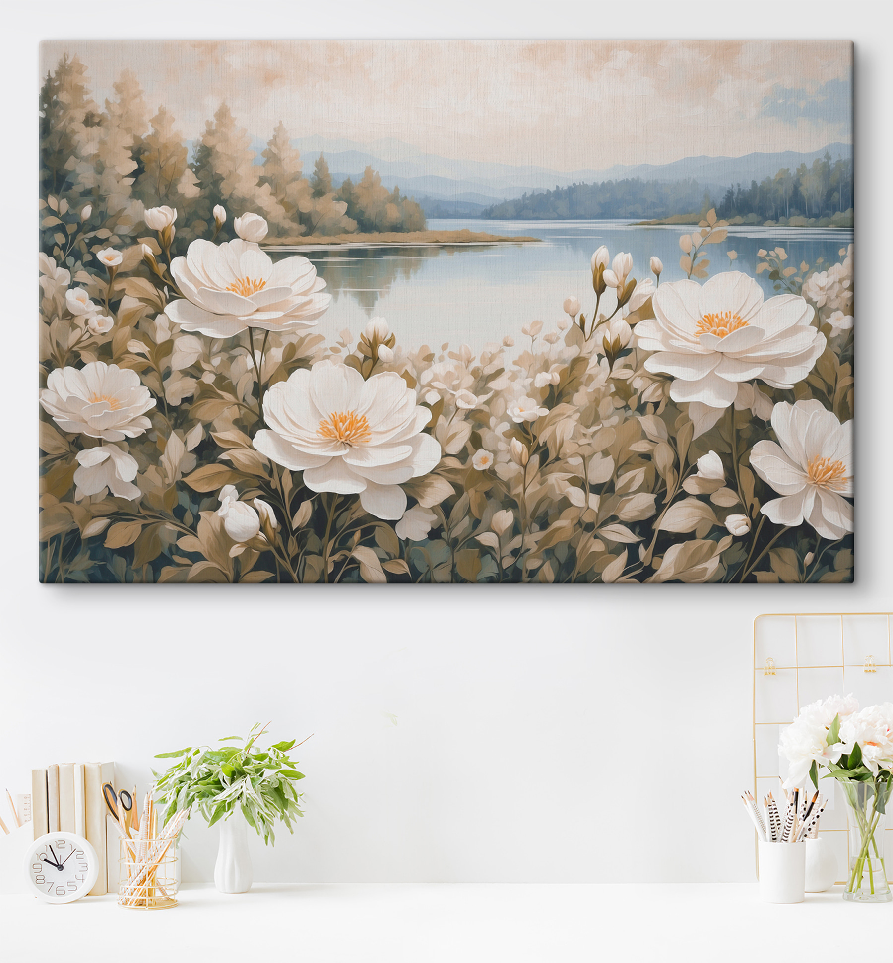 Painting of flowers by a lake