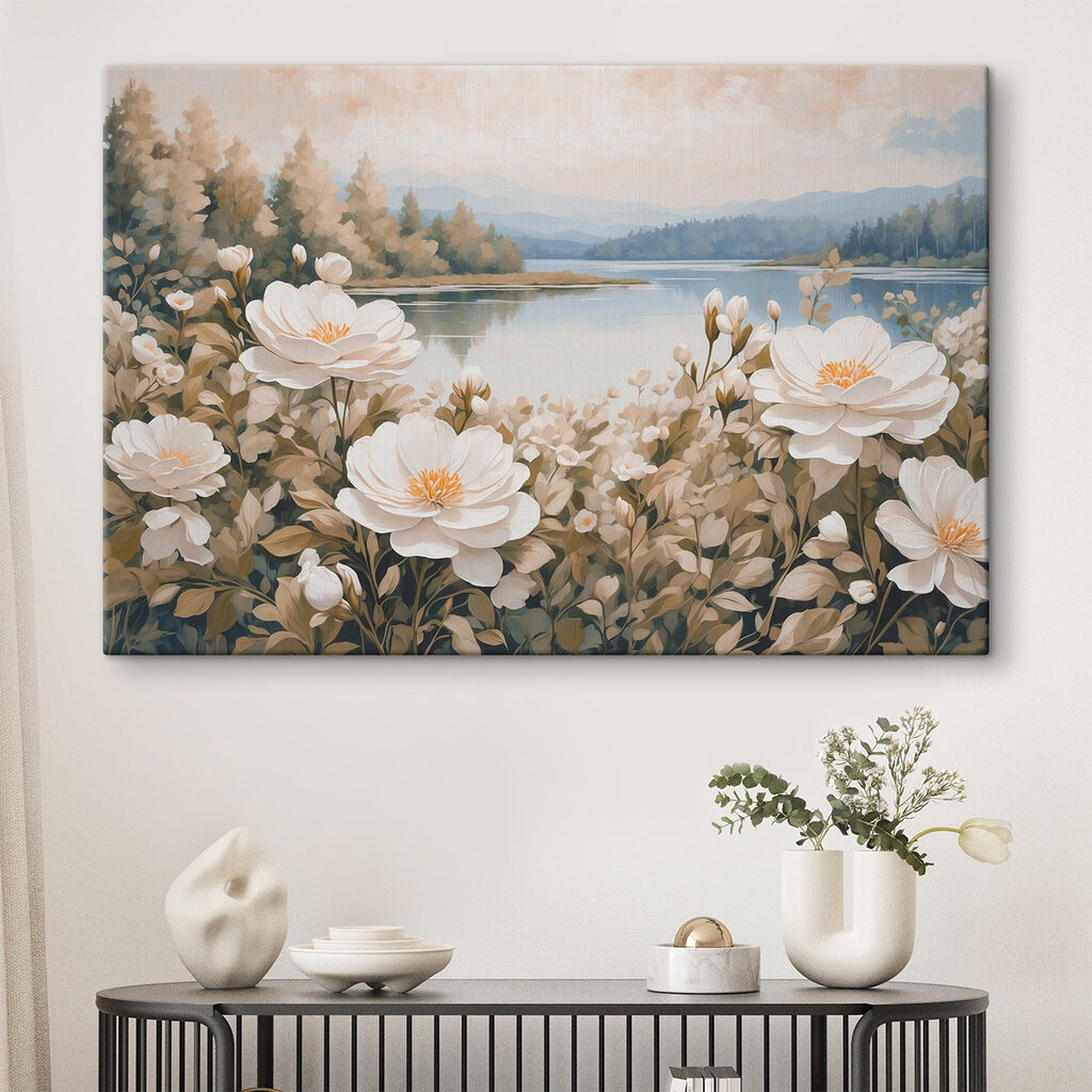 Painting of flowers by a lake