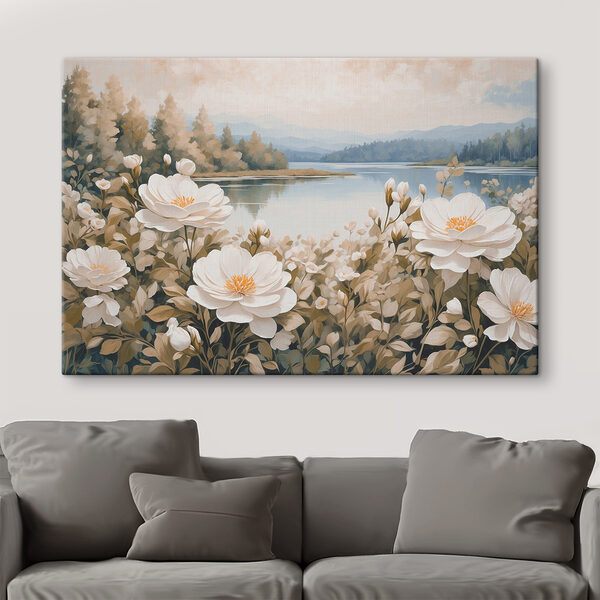 Gemälde von Blumen an einem See Gemälde von Blumen an einem See