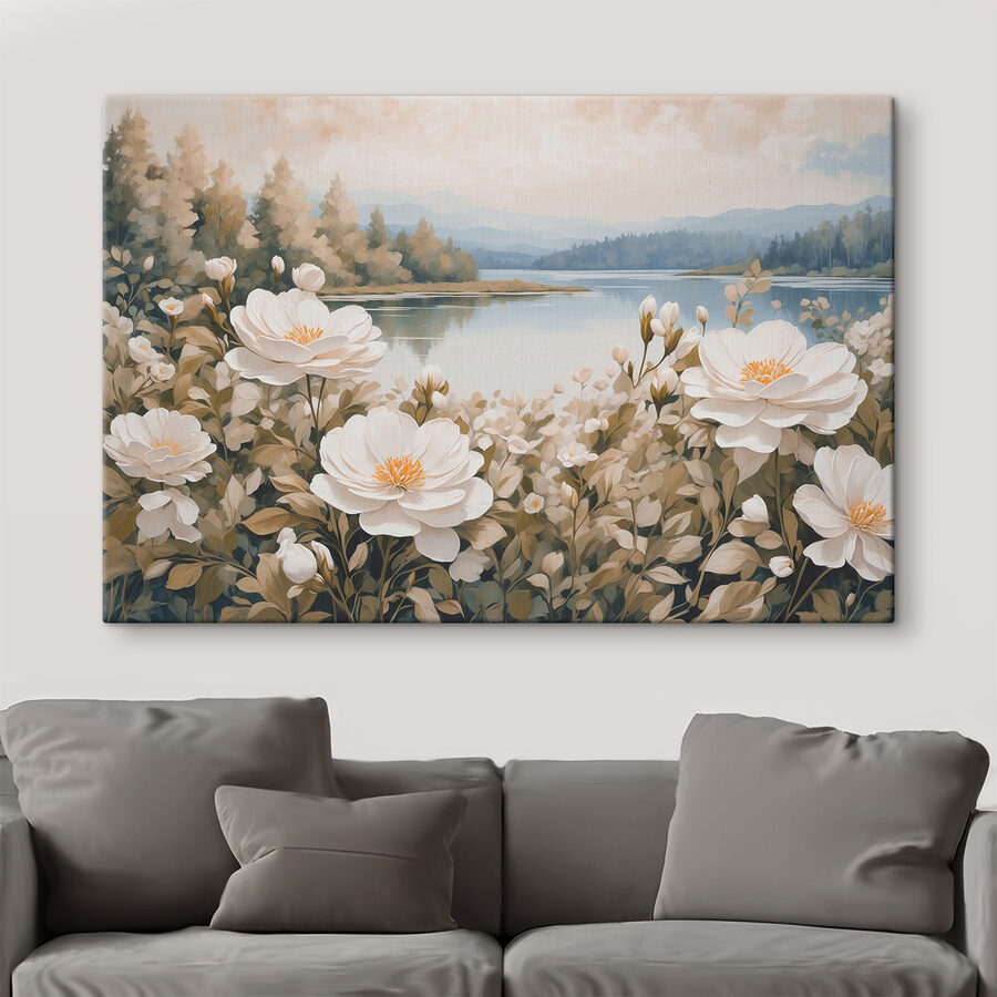 Gemälde von Blumen an einem See
