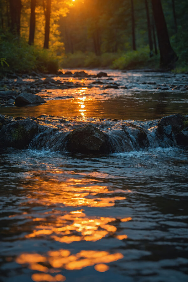 Fluss mit Felsen und Bäumen im Hintergrund Fluss mit Felsen und Bäumen im Hintergrund