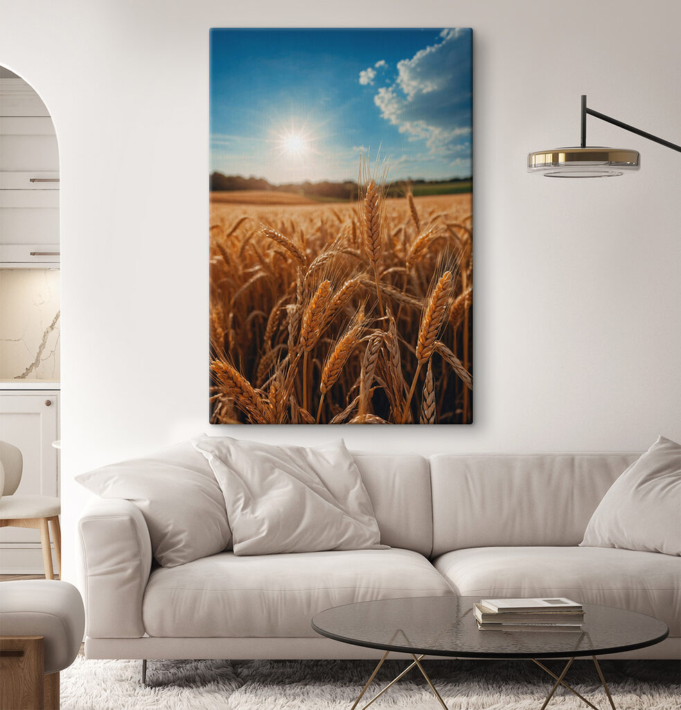 Field of wheat with the sun shining in the background