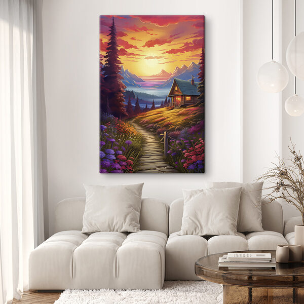 Haus auf einem Hügel mit Blumen und Bergen im Hintergrund Haus auf einem Hügel mit Blumen und Bergen im Hintergrund