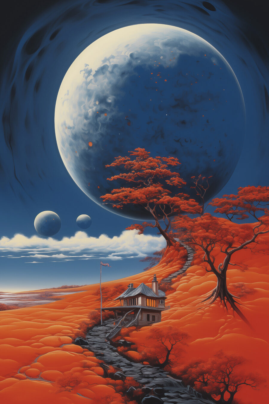 Haus auf einem Hügel mit Orangenbäumen und einem großen Mond