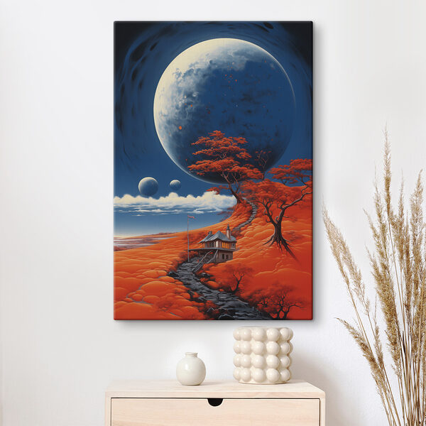 Haus auf einem Hügel mit Orangenbäumen und einem großen Mond Haus auf einem Hügel mit Orangenbäumen und einem großen Mond