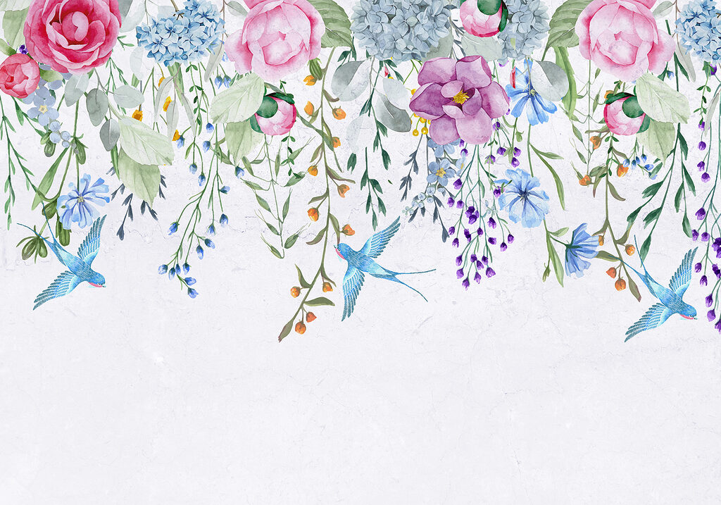 Florale Bordüre mit Blumen und Vögeln Florale Bordüre mit Blumen und Vögeln